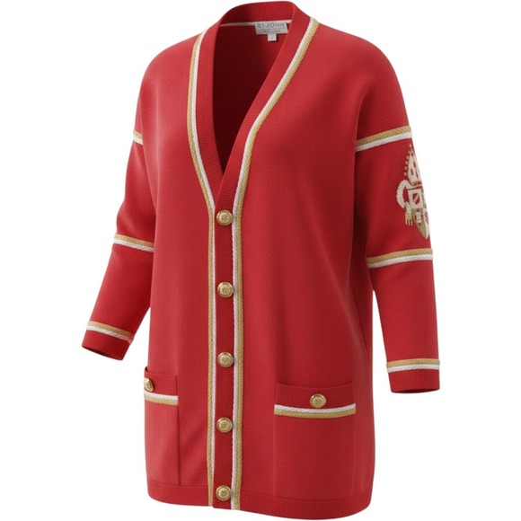 St. John Sweaters - St John Marie Gray‎ Cardigan Womens M Red Santana Knit Gold Buttons Vintage